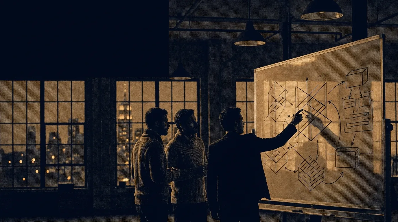 Engineers at a whiteboard in a New York loft at dusk