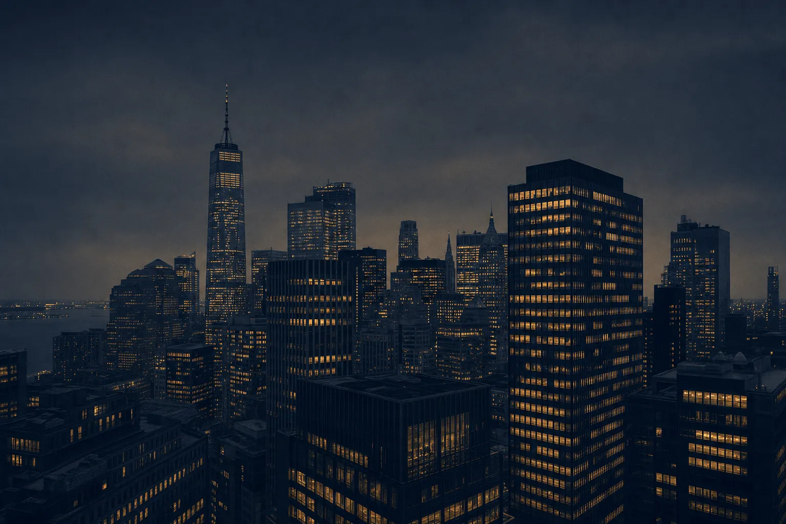Duotone Lower Manhattan at dusk, office windows glowing bronze