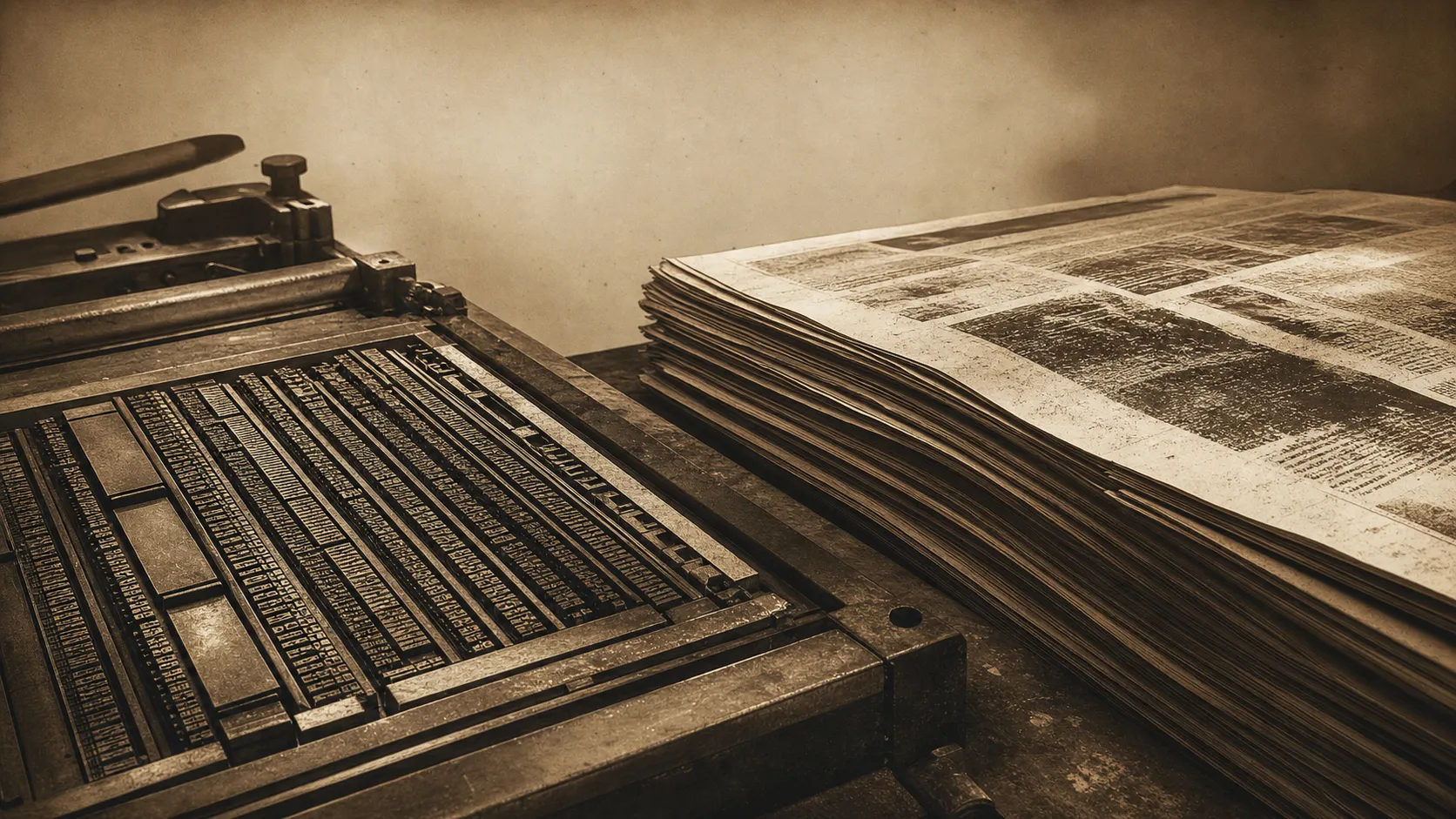 A letterpress chase of set type beside a stack of printed broadsheets