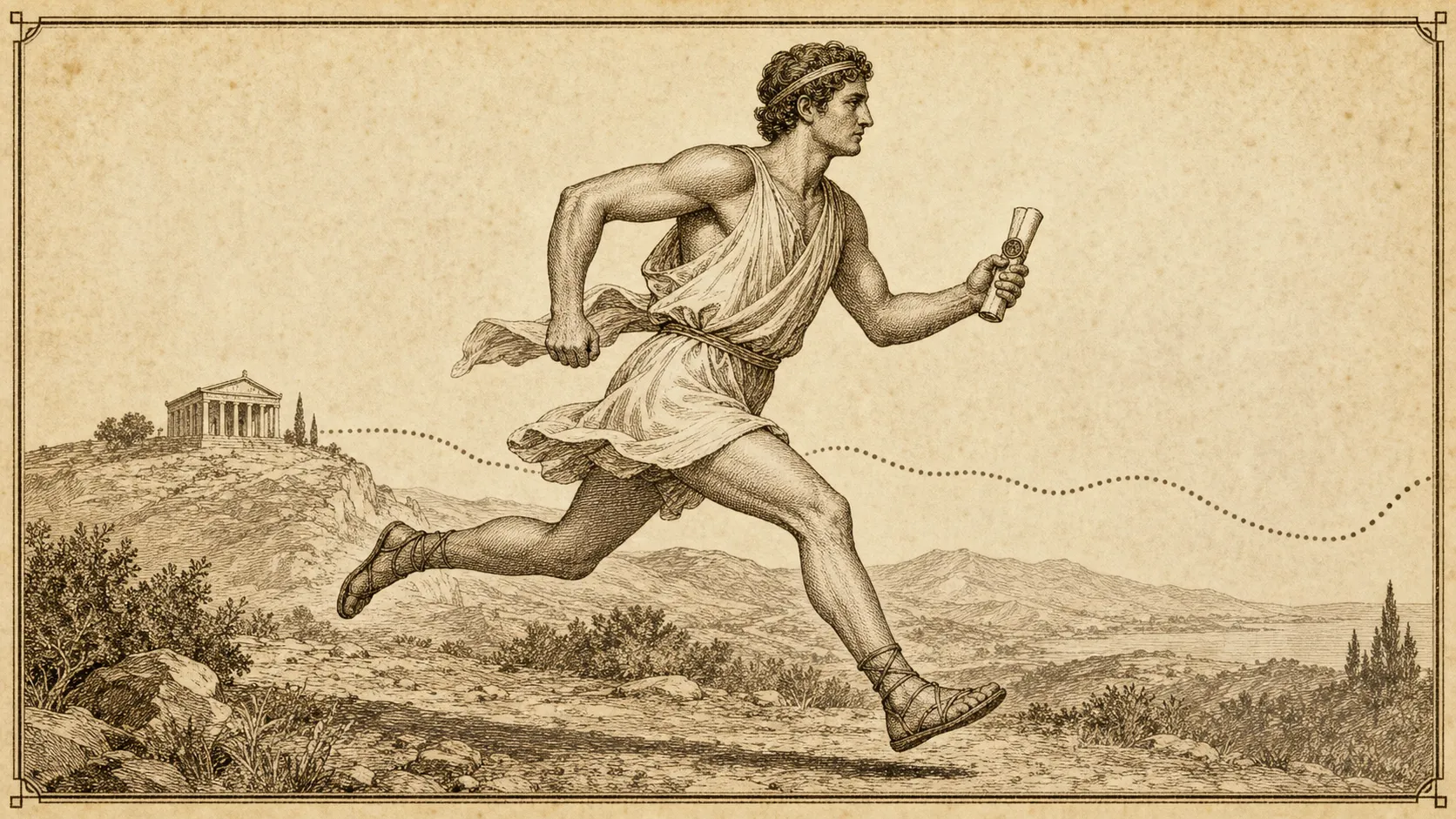 A Greek runner carrying a sealed dispatch, a dotted route trailing from a temple on the horizon