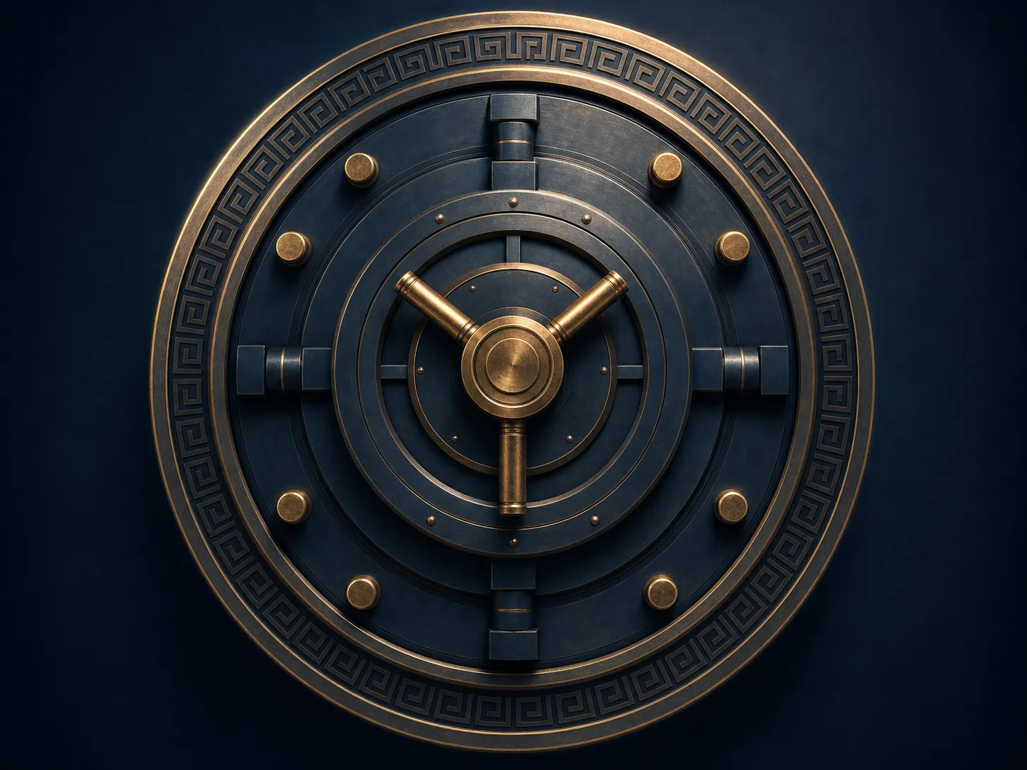 Bronze-and-navy vault door with a Greek meander ring and eight thrown bolts
