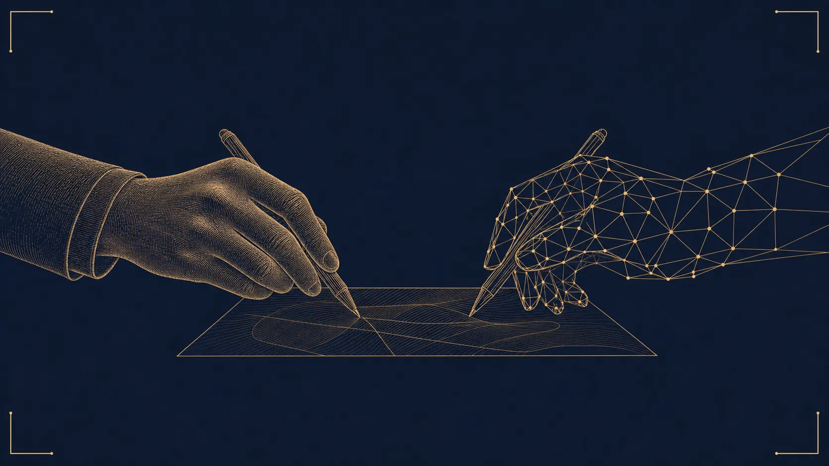 An engraved human hand and a wireframe agent hand drafting the same artifact