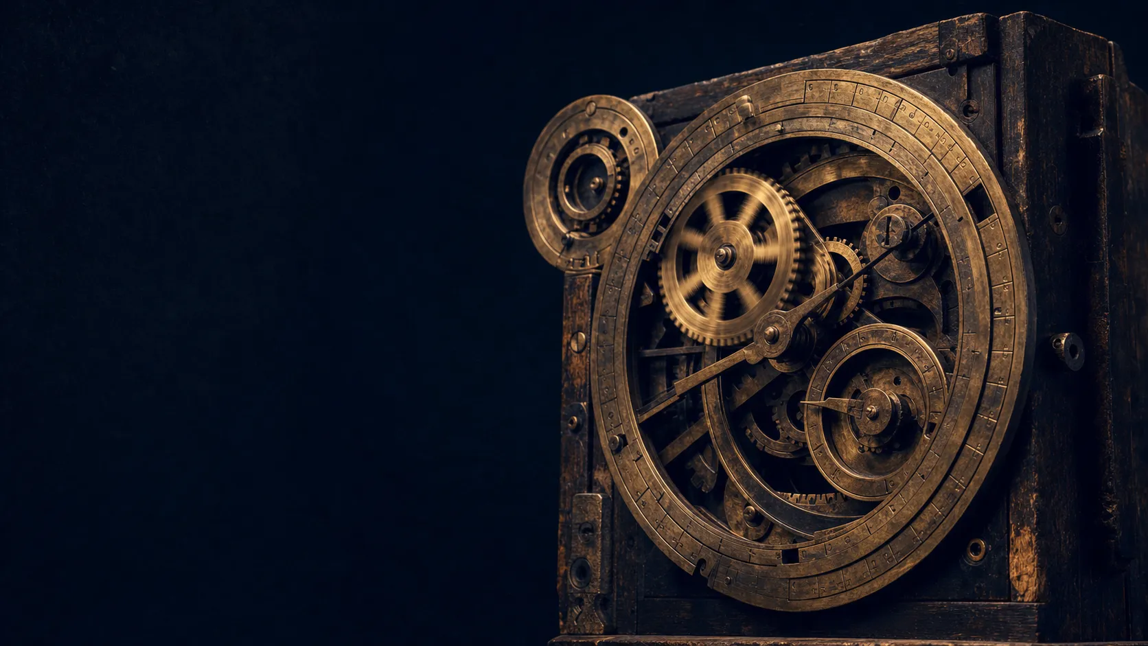 The Antikythera mechanism rendered as working bronze gears on a dark ground