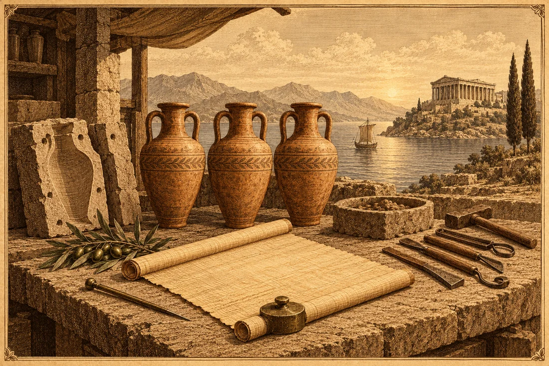 Sepia engraved plate of a craftsman's stone workbench: a clay mold beside three identical amphorae, an unrolled papyrus scroll held by a bronze weight, a row of bronze tools laid out in order, an olive branch and a stylus, with a hillside temple and a calm sea with one sail behind