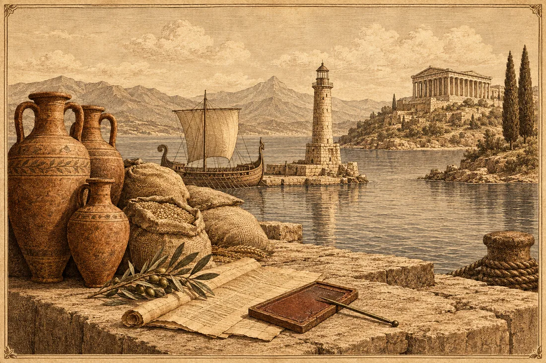 Sepia engraved plate of an ancient harbor: a stone quay with a stack of clay amphorae, sacks of grain, a papyrus ledger with a wax tablet, stylus and olive branch, a galley with one sail at the pier, a lighthouse, and a hillside temple above a calm sea