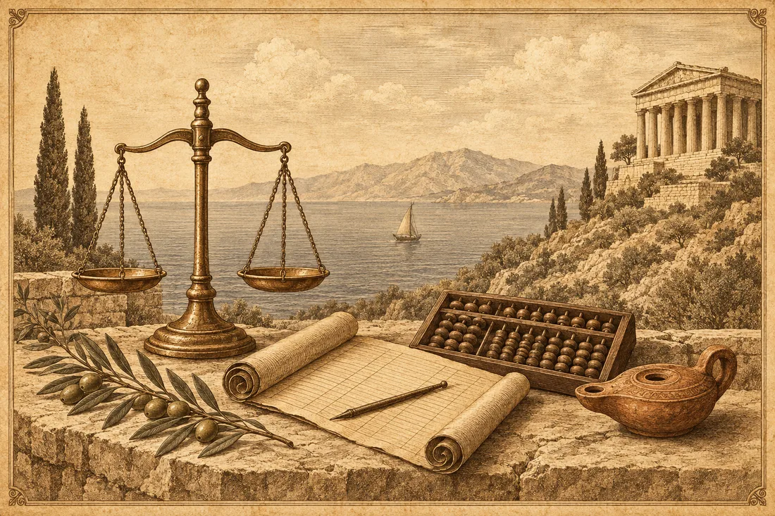 Sepia engraved plate: a bronze balance scale, an open ledger scroll with a stylus and a wooden abacus on a stone terrace beside an olive branch and a clay oil lamp, with a hillside temple and a calm sea with one sail behind