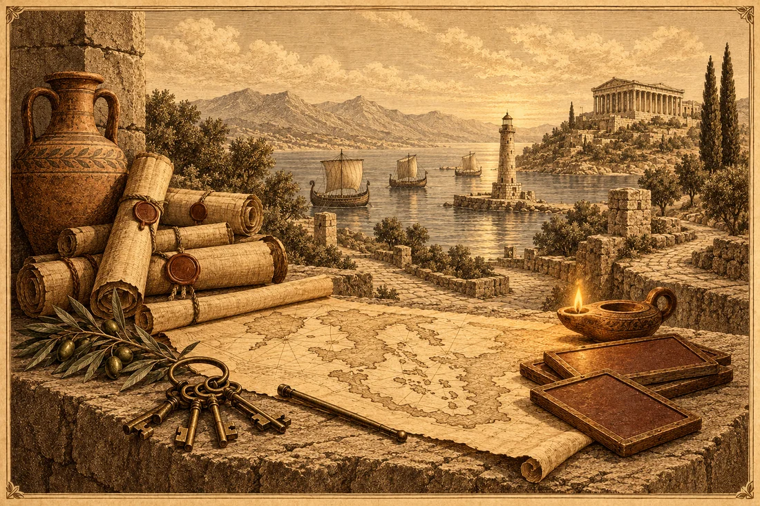 Sepia engraved plate of a stone table above a harbor: sealed scrolls and wax tablets gathered from many places, a ring of bronze keys, an unrolled map, a lit oil lamp, an olive branch and a stylus, with three sailing ships arriving, a lighthouse and a hillside temple