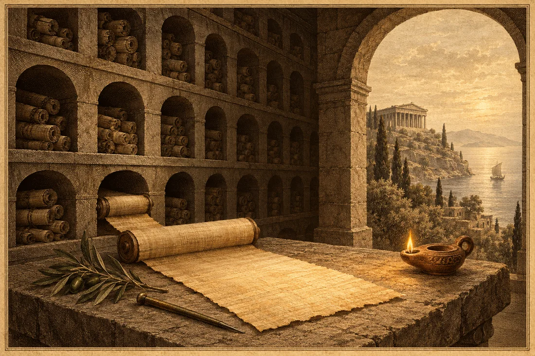 Sepia engraved plate: a stone archive wall of arched niches filled with rolled papyrus scrolls, one scroll drawn out and unrolled across a stone table beside an olive branch, a bronze stylus and a lit clay oil lamp, with an open arch onto a hillside temple and a calm sea with one sail