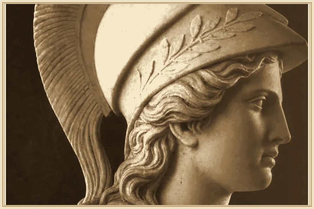 Sepia plate of a marble bust of Athena in profile, wearing a crested helmet with an olive-leaf band