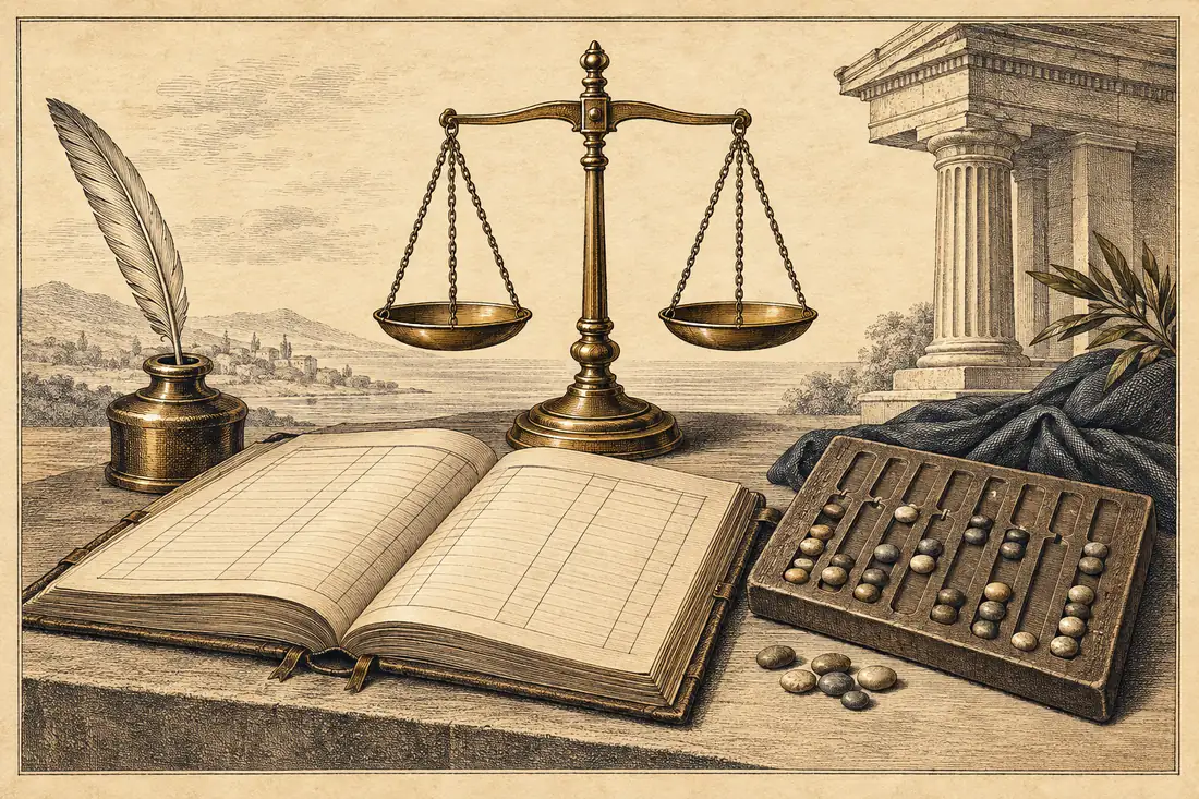 Engraved plate for Athena for Finance: a ledger, balance scale, counting board and quill before a classical temple