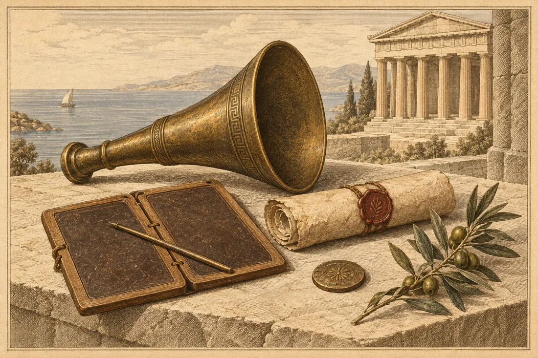 Engraved plate for Hey Athena: a bronze speaking horn, a wax writing tablet, a sealed scroll and an olive branch on a stone terrace before a classical temple
