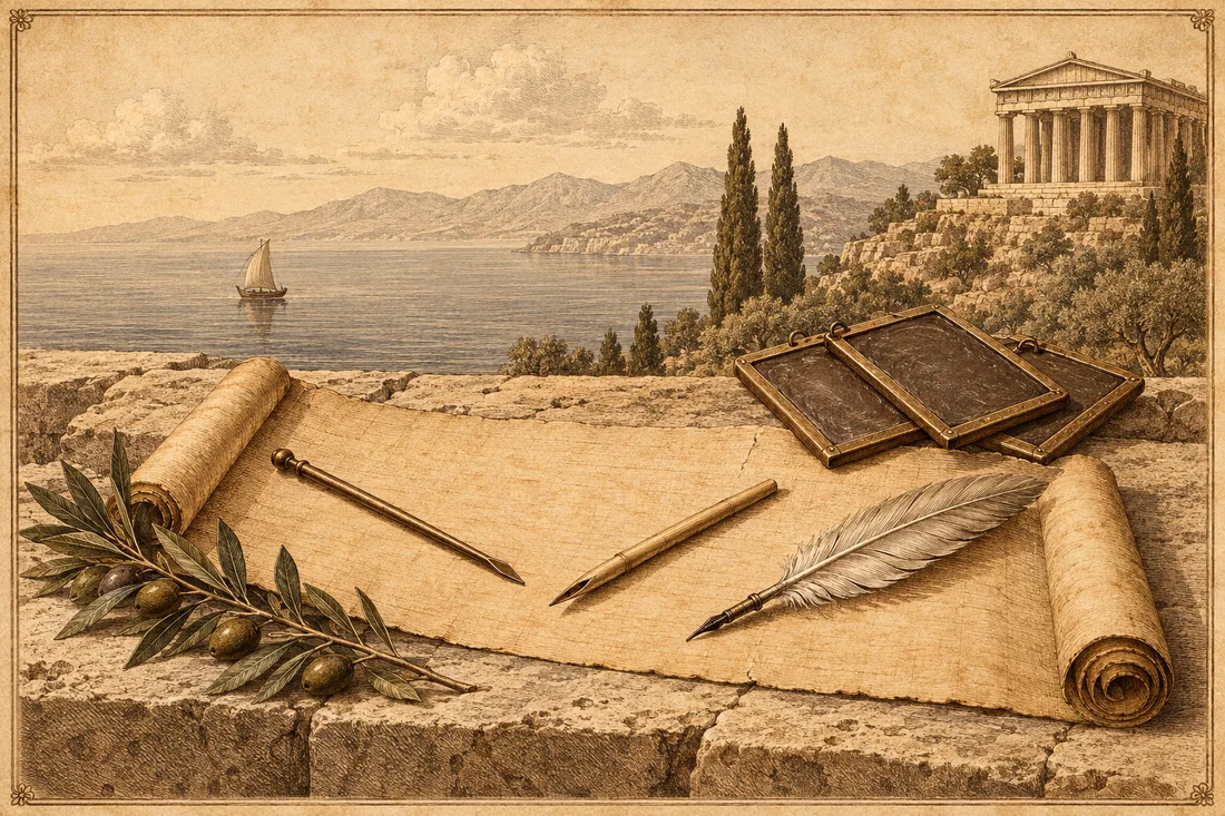 Sepia engraved plate: an unrolled papyrus scroll with a bronze stylus, a reed pen and a quill laid across it from different sides, beside wax tablets and an olive branch, before a hillside temple and a calm sea with one sail