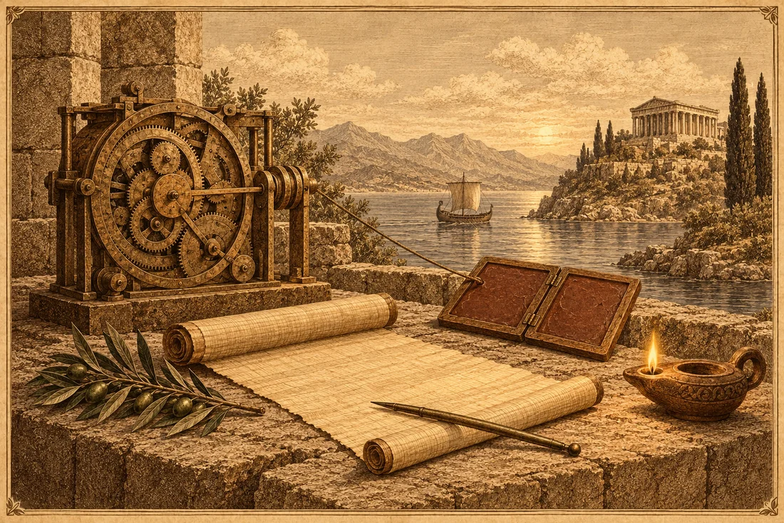 Sepia engraved plate of a seaside terrace: a bronze geared mechanism of interlocking wheels joined by a thin cord to an open wax tablet and an unrolled papyrus scroll, a reed pen, an oil lamp and an olive branch, with a hillside temple, cypresses and a calm sea with one sail behind