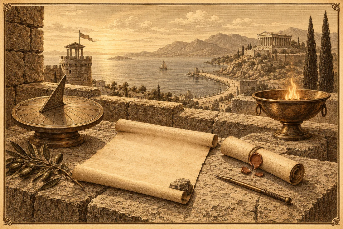 Sepia engraved plate of a coastal watchtower terrace: a bronze sundial, an unrolled papyrus scroll weighted with a stone beside a second scroll with a freshly broken wax seal, a flaming bronze signal bowl, an olive branch and a stylus, above a harbor road leading to a hillside temple by a calm sea